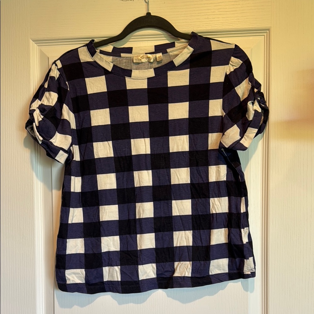 Navy and White Checkered Women's Top